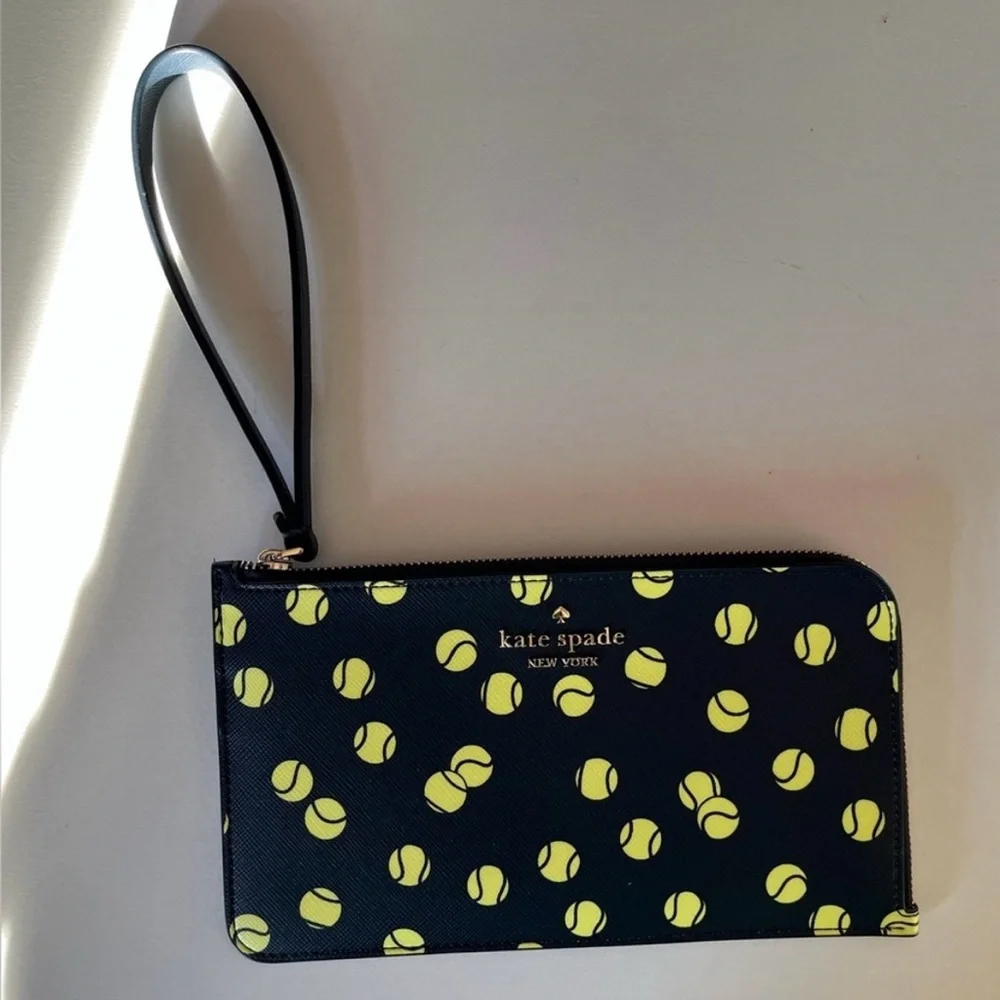 NWT Kate Spade Lucy Tennis Toss Medium L- O zip Wristlet Navy & Neon Yellow ball